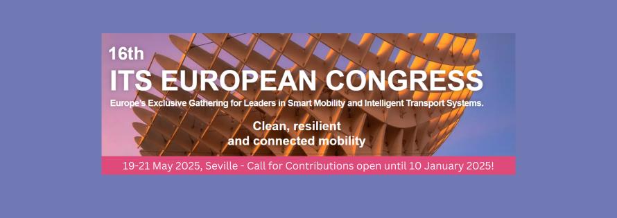 Picutre of famous building in sevilla in the background, in front announcement of event ITS European Congress