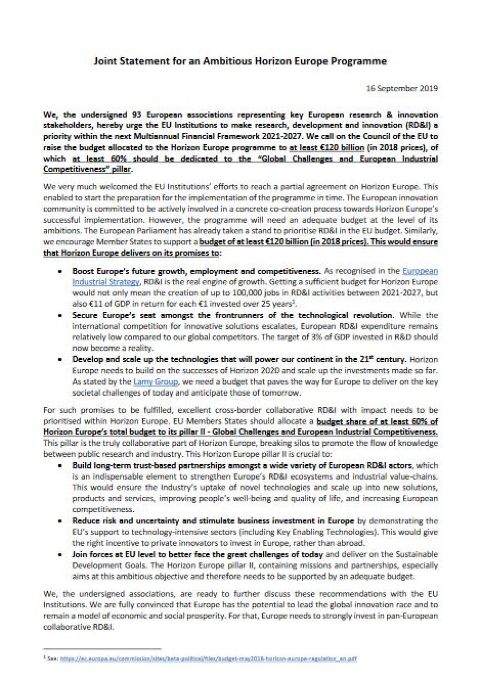 Joint Statement for an ambitious Horizon Europe Programme Cover